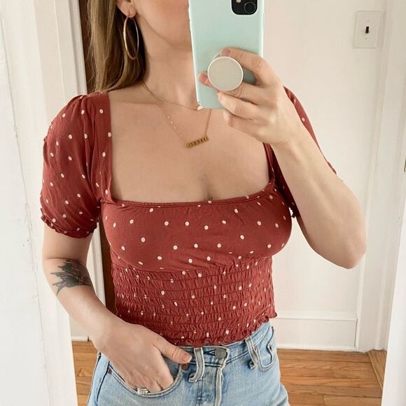 Urban Outfitters UO Polka Dot Square Neck Smocked Crop Top Rust Small - Picture 1 of 8